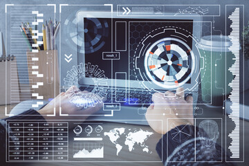 Double exposure of woman hands working on computer and data theme hologram drawing. Tech concept.