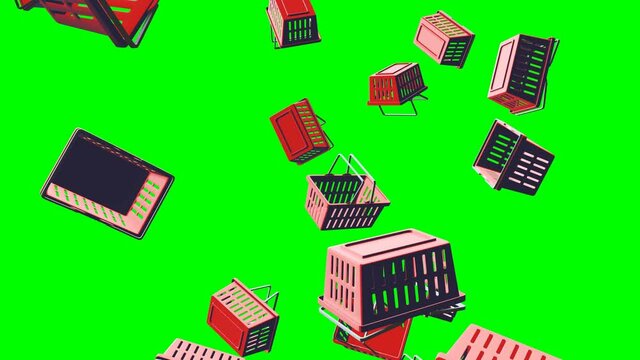 Red plastic shopping baskets on green chroma key background.
Toon style abstract animation for background.
Loop able.