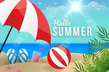 hello summer banner with blue sea