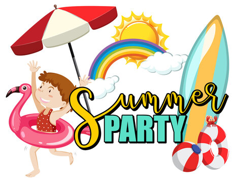 Summer Party text with a girl cartoon character and beach items isolated