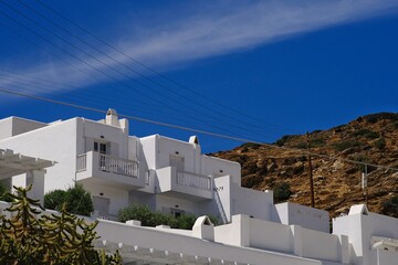 Typical architecture and whitewashed buildings in Ios cyclades Greece 