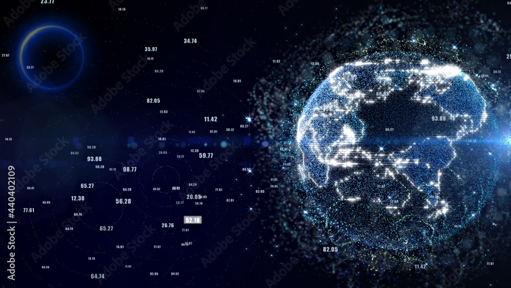 Poster digital technology global data network connection. spin earth economic big data communication illust