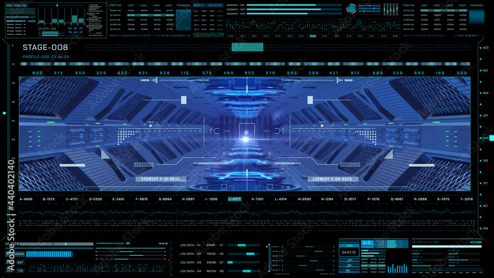 Poster blue spaceship interior tunnel flying through with hud security mission check in cyerspace illustrat