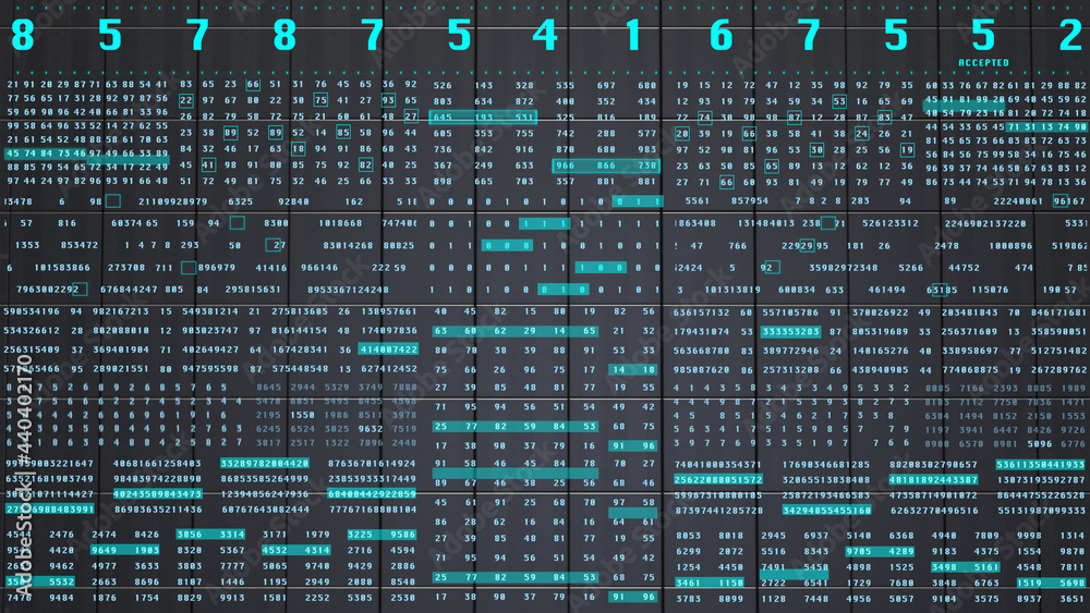 Aufkleber Digital Decimal Number Data Encoder Statistics Random Algorithm Simulation Concept. Virtual Reality Black Cubic 3D Rendering Background..