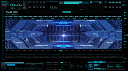 Blue Spaceship Interior Tunnel Flying Through with HUD Security Mission Check in Cyerspace Illustration Background
