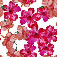 Pink Hibiscus Illustration. Red Flower Design. Purple Seamless Set. Orange Vintage Decor. Pattern Foliage. Watercolor Background. Tropical Textile.Exotic Design