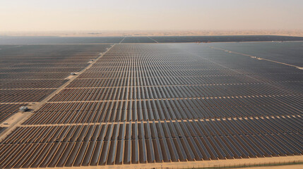 AERIAL. Top view of huge solar energy plant in the desert.