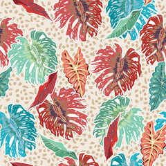 Hand drawn Colourful tropical plants and Monstera leaves on hand paint Brushed texture on light beige background ,Seamless pattern on Vector EPS10,Design for fashion , fabric, textile, wallpaper © MSNTY_STUDIOX