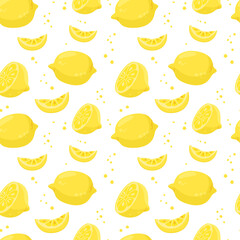 Seamless pattern with juicy lemons. Repeating pattern with lemon wedges, half lemon and yellow spots. Vector illustration isolated on white background.