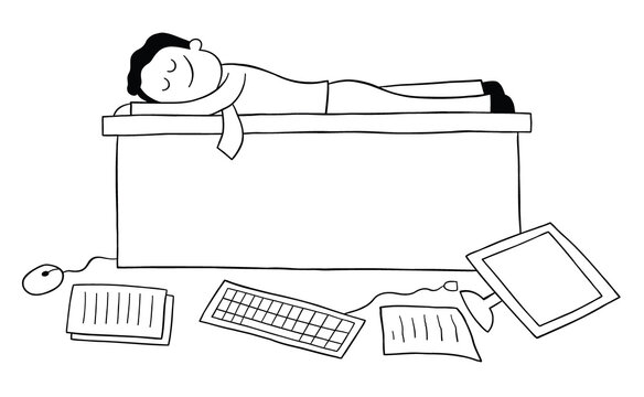 Cartoon man threw the computer and papers on the floor and is sleeping on the desk, vector illustration