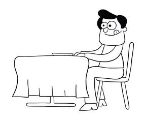 Cartoon man hungry at the restaurant and waiting for dinner, vector illustration