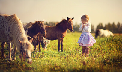 A cute white girl in jockey boots walking among little pony in the field on a sunny summer day.