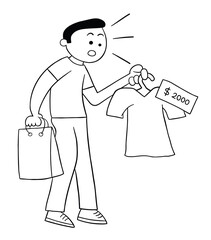 Cartoon man surprised to see the high price of the shirt, vector illustration