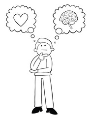 Cartoon man thinks he should listen to his heart or his mind, vector illustration