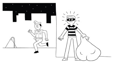 Cartoon thief man is hiding behind the wall, the police are looking for him, vector illustration