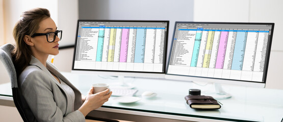Spreadsheet Analyst Employee Using Computer Monitors
