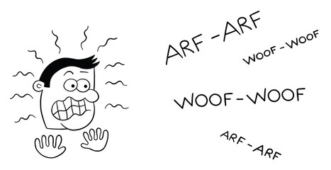 Cartoon man very afraid of dog barking, vector illustration