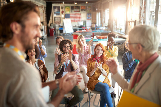 The Audience Is Very Satisfied With A Good Presentation In The Office. Employees, Office, Work