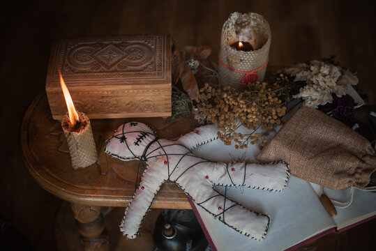 Magic handmade doll .Witchcraft with a doll. Concept of magic, voodoo	