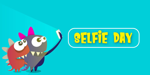 Selfie day horizontal banner with cartoon funny monster taking a selfie isolated on blue background. Selfi day cartoon comic concept poster design tempate