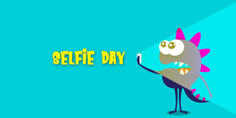 Selfie day horizontal banner with cartoon funny monster taking a selfie isolated on blue background. Selfi day cartoon comic concept poster design tempate