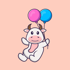 Cute cow flying with two balloons. Animal cartoon concept isolated. Can used for t-shirt, greeting card, invitation card or mascot. Flat Cartoon Style