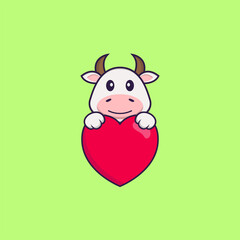 Obraz na płótnie Canvas Cute cow holding a big red heart. Animal cartoon concept isolated. Can used for t-shirt, greeting card, invitation card or mascot. Flat Cartoon Style