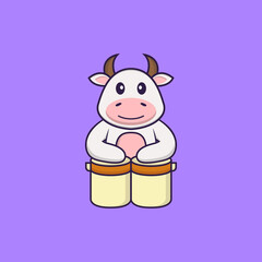 Cute cow is playing drums. Animal cartoon concept isolated. Can used for t-shirt, greeting card, invitation card or mascot. Flat Cartoon Style