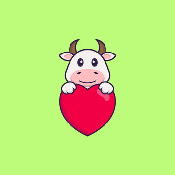 Cute cow holding a big red heart. Animal cartoon concept isolated. Can used for t-shirt, greeting card, invitation card or mascot. Flat Cartoon Style