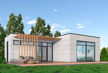 Fototapeta na wymiar Exterior of modern living modular house. 3d illustration