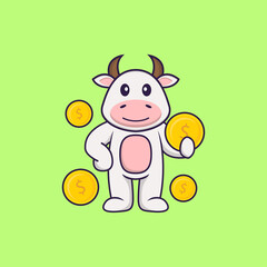 Cute cow holding coin. Animal cartoon concept isolated. Can used for t-shirt, greeting card, invitation card or mascot. Flat Cartoon Style