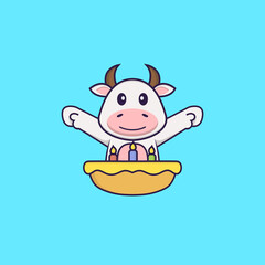 Cute cow with birthday cake. Animal cartoon concept isolated. Can used for t-shirt, greeting card, invitation card or mascot. Flat Cartoon Style