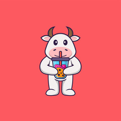 Cute cow Drinking Boba milk tea. Animal cartoon concept isolated. Can used for t-shirt, greeting card, invitation card or mascot. Flat Cartoon Style