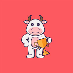 Cute cow holding gold trophy. Animal cartoon concept isolated. Can used for t-shirt, greeting card, invitation card or mascot. Flat Cartoon Style