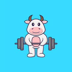 Cute cow lifts the barbell. Animal cartoon concept isolated. Can used for t-shirt, greeting card, invitation card or mascot. Flat Cartoon Style