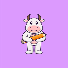 Fototapeta na wymiar Cute cow holding a pencil. Animal cartoon concept isolated. Can used for t-shirt, greeting card, invitation card or mascot. Flat Cartoon Style