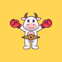 Cute cow in boxer costume with champion belt. Animal cartoon concept isolated. Can used for t-shirt, greeting card, invitation card or mascot. Flat Cartoon Style