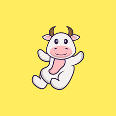 Cute cow is flying. Animal cartoon concept isolated. Can used for t-shirt, greeting card, invitation card or mascot. Flat Cartoon Style
