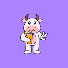 Cute cow holding orange juice in glass. Animal cartoon concept isolated. Can used for t-shirt, greeting card, invitation card or mascot. Flat Cartoon Style