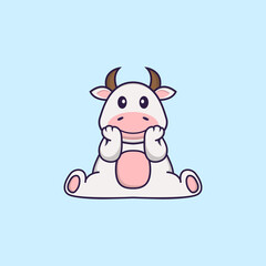 Obraz na płótnie Canvas Cute cow is sitting. Animal cartoon concept isolated. Can used for t-shirt, greeting card, invitation card or mascot. Flat Cartoon Style