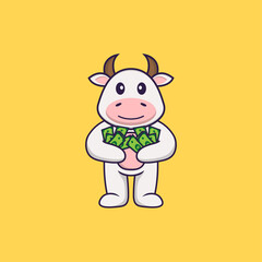 Cute cow holding money. Animal cartoon concept isolated. Can used for t-shirt, greeting card, invitation card or mascot. Flat Cartoon Style