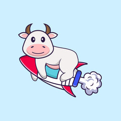 Cute cow flying on rocket. Animal cartoon concept isolated. Can used for t-shirt, greeting card, invitation card or mascot. Flat Cartoon Style