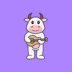 Cute cow playing guitar. Animal cartoon concept isolated. Can used for t-shirt, greeting card, invitation card or mascot. Flat Cartoon Style