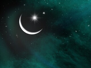 Obraz na płótnie Canvas Crescent moon and stars in the misty sky and faint green light. An illustration created on a tablet, used as a background.