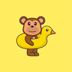 Cute monkey With Duck buoy. Animal cartoon concept isolated. Can used for t-shirt, greeting card, invitation card or mascot. Flat Cartoon Style