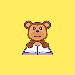 Cute monkey reading a book. Animal cartoon concept isolated. Can used for t-shirt, greeting card, invitation card or mascot. Flat Cartoon Style