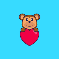 Cute monkey holding a big red heart. Animal cartoon concept isolated. Can used for t-shirt, greeting card, invitation card or mascot. Flat Cartoon Style