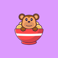 Cute monkey eating ramen noodles. Animal cartoon concept isolated. Can used for t-shirt, greeting card, invitation card or mascot. Flat Cartoon Style