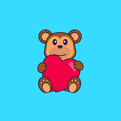 Cute monkey holding a big red heart. Animal cartoon concept isolated. Can used for t-shirt, greeting card, invitation card or mascot. Flat Cartoon Style