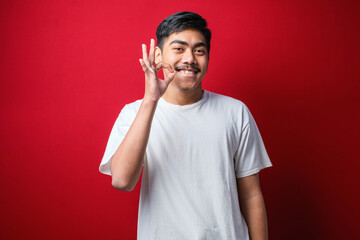 Handsome young man with mustache wearing casual tshirt smiling positive doing ok sign with hand and fingers. successful expression.
